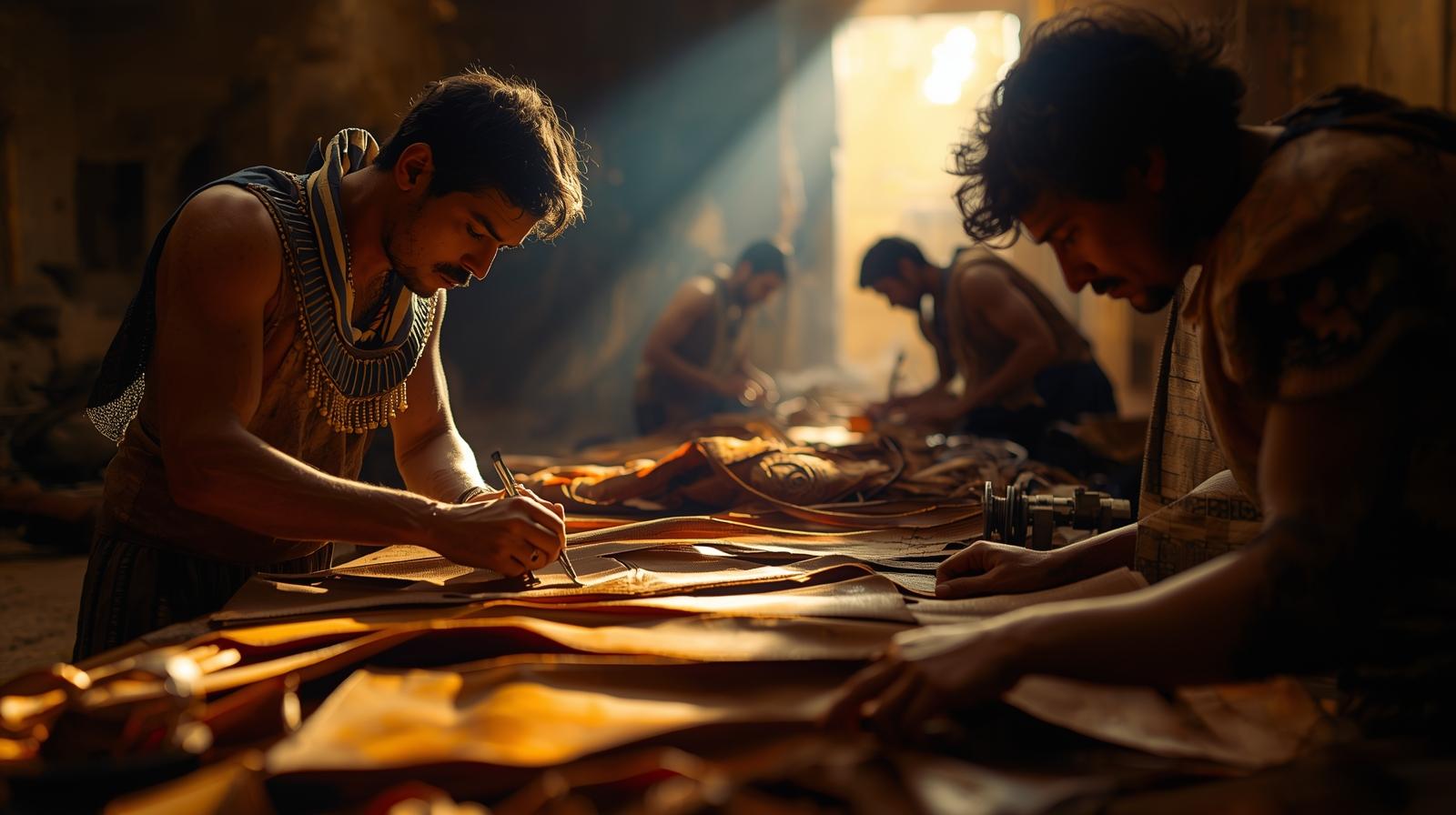 مصر باستان درحال ساخت لباس یا زره چرمی